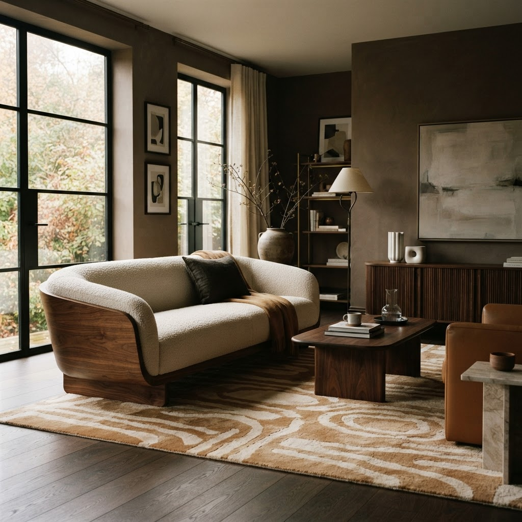 Luxury living room with a sculptural walnut sofa