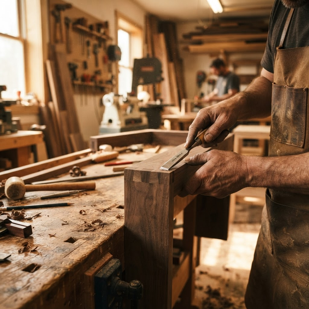 Artisan crafting solid walnut furniture